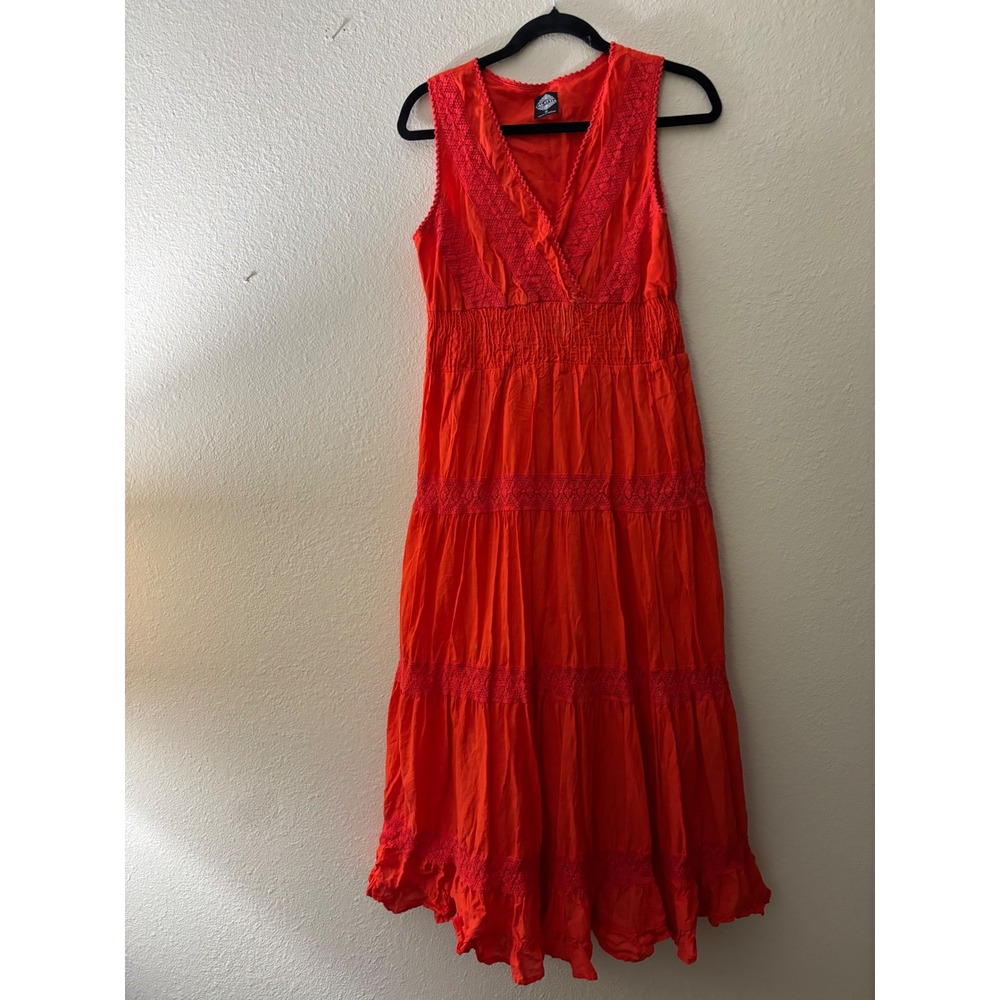 Calstyle Orange Crochet Lace Tiered Maxi Dress Smocked Waist Sleeveless S
A1101